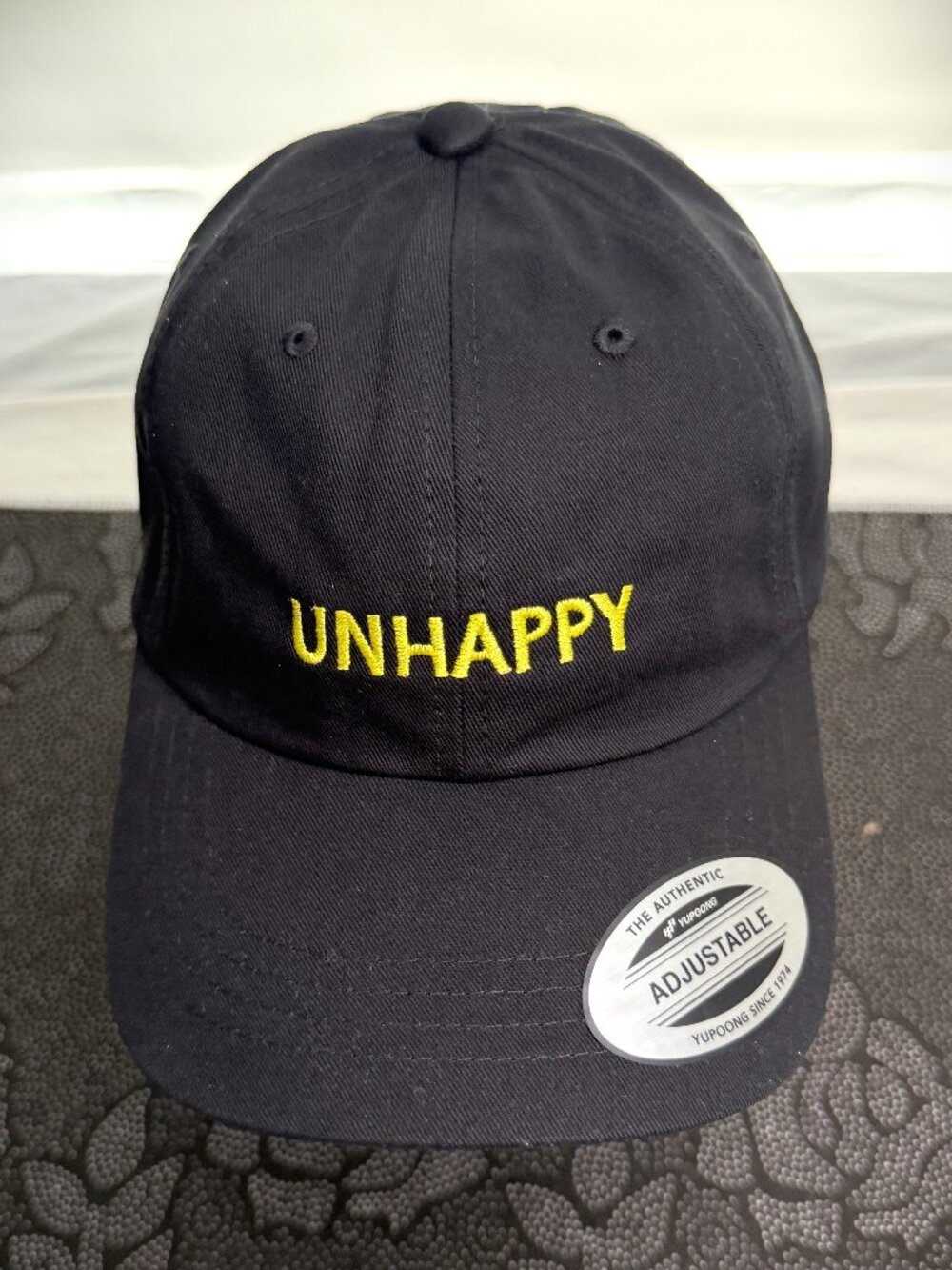 Yupoong The Classics Embroidered Unhappy Black Adjustable Dad Cap/Hat NWT